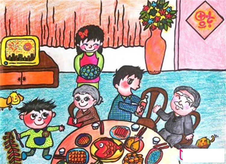 以新年為主題的兒童畫，團(tuán)圓飯團(tuán)團(tuán)圓圓