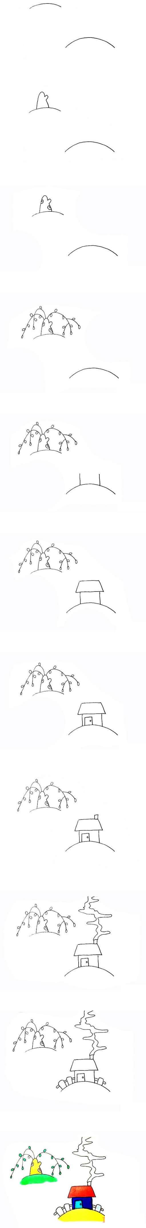 春天景色柳樹小屋的畫法步驟圖帶顏色