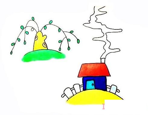 春天景色柳樹小屋的畫法步驟圖帶顏色