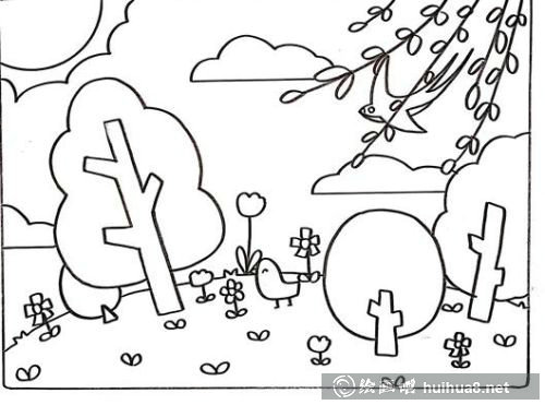 描繪草地、花朵和小鳥